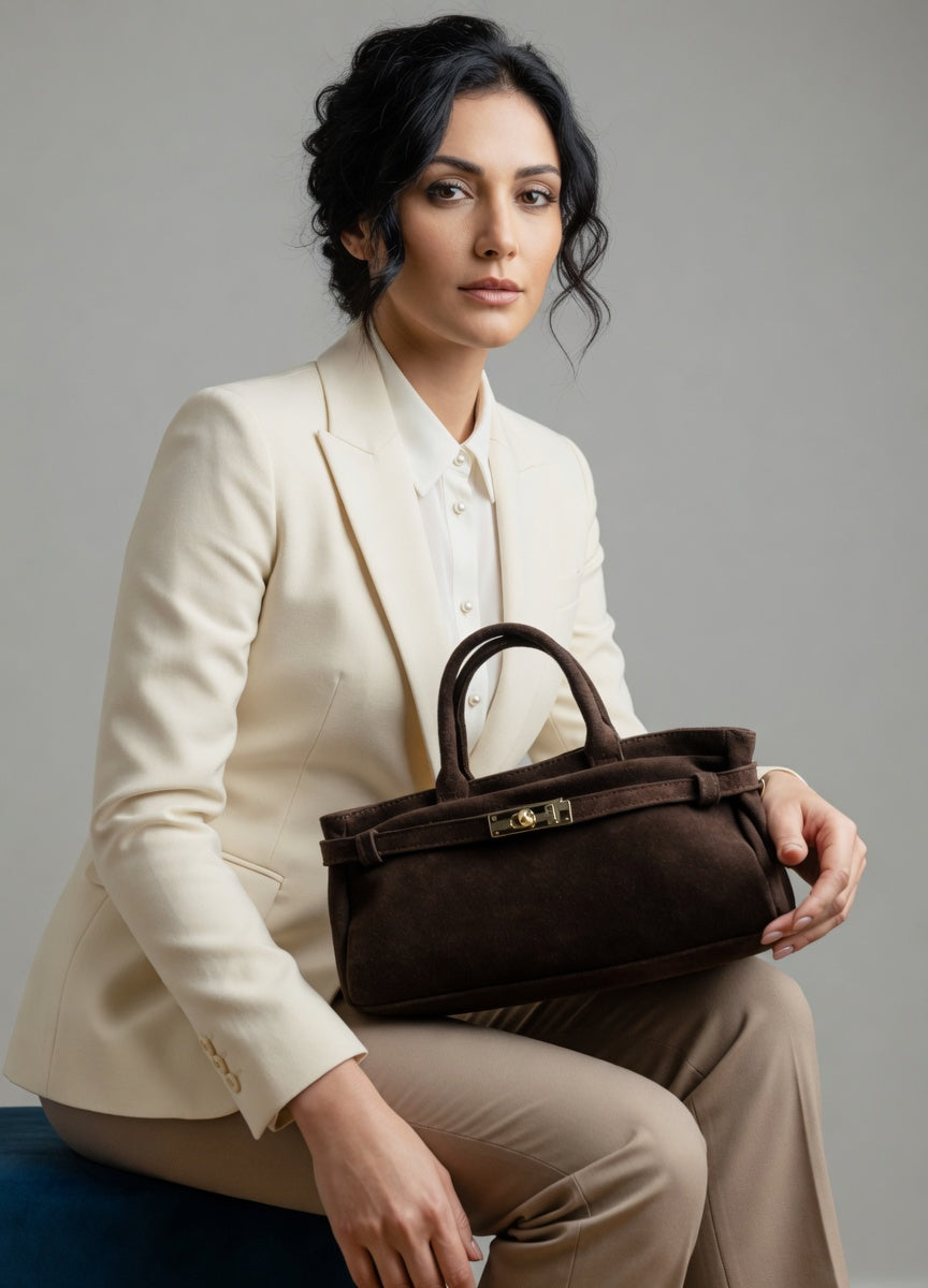 Roma Satchel- Italian Leather Suede Satchel with Belt Detail
